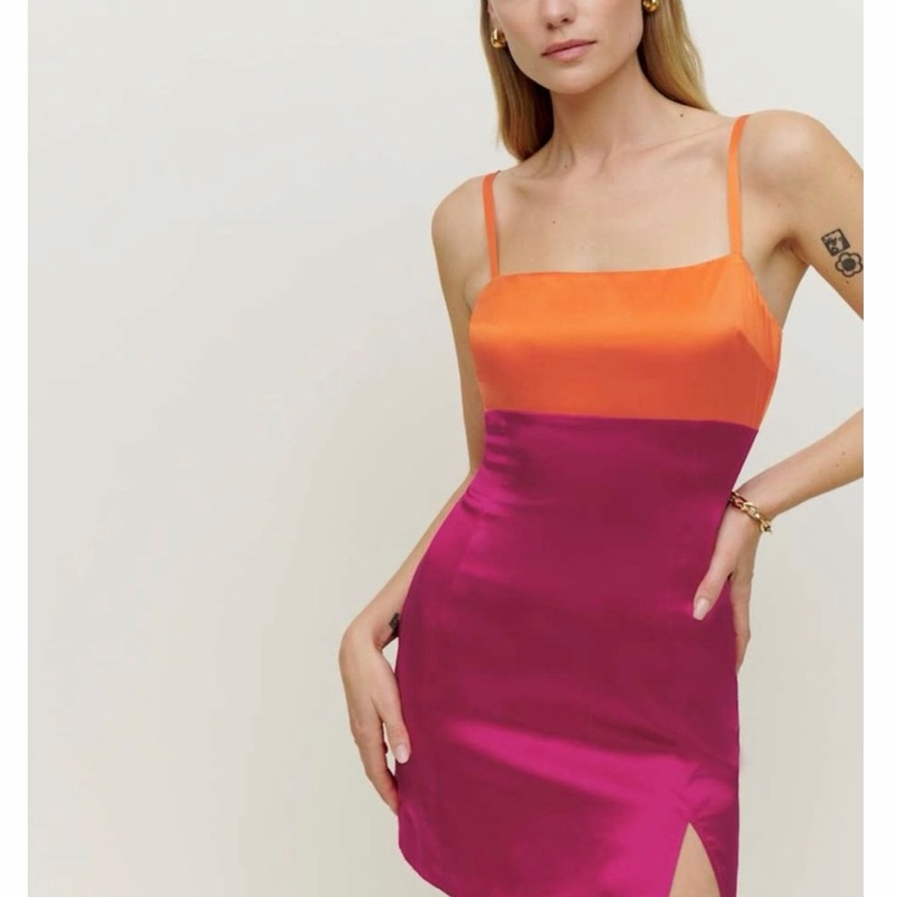 Reformation Orange and Pink Silk Mini Dress with Side Slit 100% Silk